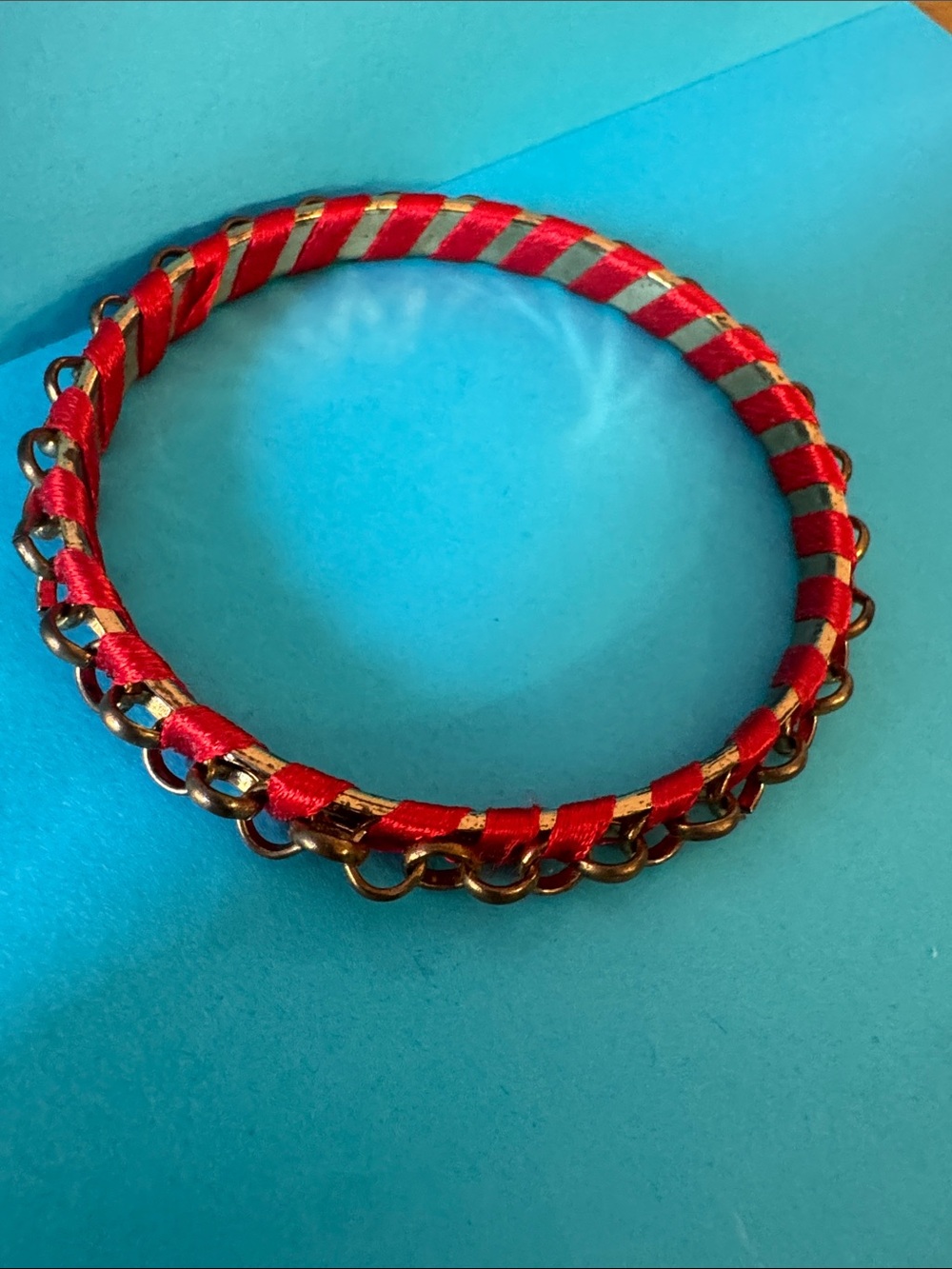 Red Ribbon-Wrapped Chain Bangle Bracelet - Women Jewelry